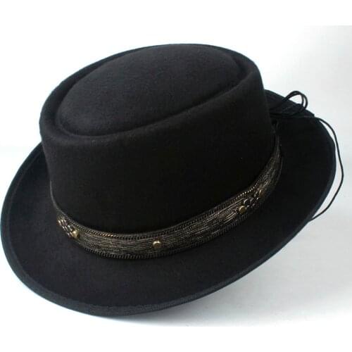 2019 Men Women Pork Pie Hat Flat Casual Hat Church Jazz Hat Wool Flat Fedora Jazz Trilby Fascinator Hat Size 58CM