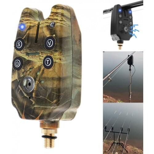 Carp Fishing Bite Alarm 2 LEDs Blue Light Adjustable Tone Volume Sensitivity Sound Fish Bite Alert with Black / Camouflage Color