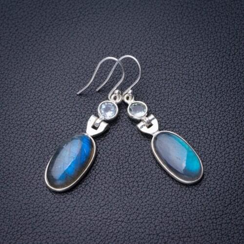 StarGems Natural Blue Fire Labradorite And Blue Topaz Handmade 925 Sterling Silver Earrings 1.75" D7730