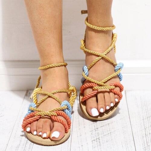 Summer Women Hemp Rope Straw Flat Sandals Peep Toe Cross Lace Up Female Platform Fashion Casual Shoes Rome Ladies Footwear