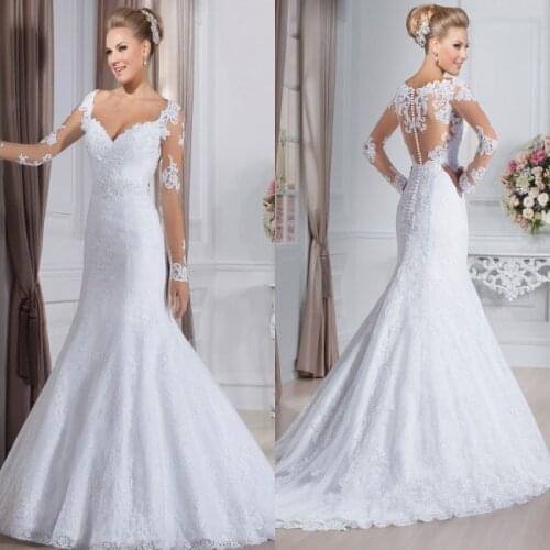 Top Quality vestido de noiva Long Sleeve See Through Back Lace Appliques Mermaid bridal gown 2018 mother of the bride dresses
