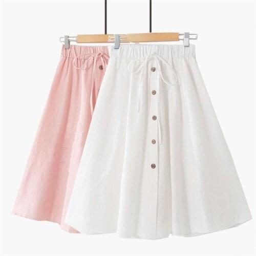 2020 Women Summer Womens Casual Solid A-Line Skirt Cotton and Linen Vintage Single-Breasted Skirt Plus Size Female Skirts M-7XL