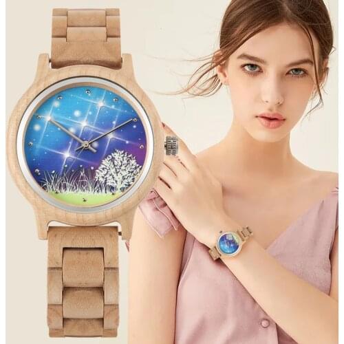 Ladies Full Wood Watch Luminous Dial Quartz Minimalist Watches Clock Women Wooden Band Fold Buckle with Manual Strap Adjuster