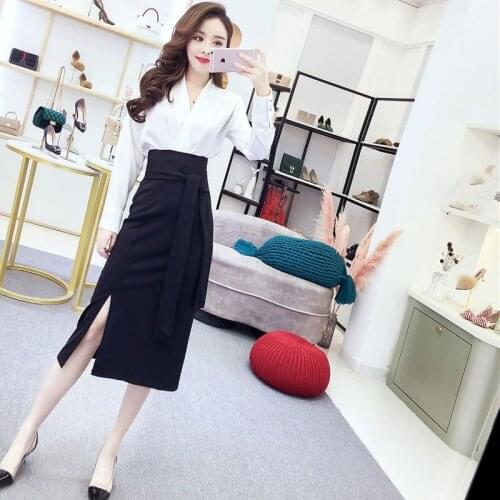 Women 2020 Spring Autumn Elegant Work Wear Set Female V-Neck Long Sleeve Blouses + High Waist Sheath Pencil Skirts Suits L159