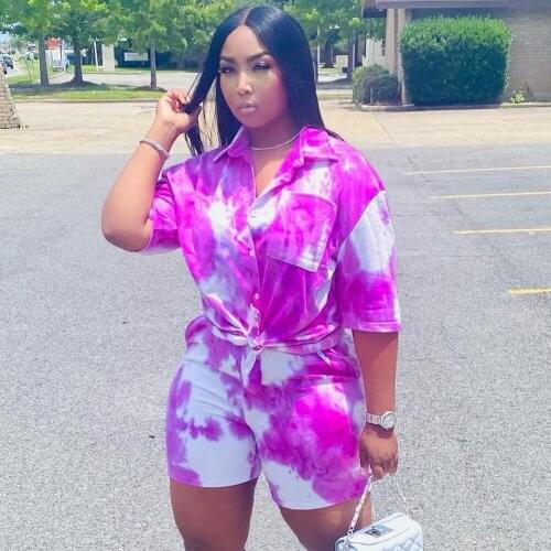 Two Piece Set Summer Women 2021 Tie Dye Shorts Sets Vintage Boho Oversized Shirt High Waist Shorts Mujer Matching Sets Outfit