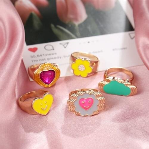 Vintage Geometric Colorful Smile Heart Ring Thick Enamel Ring For Women Fashion Clouds Flower Chain Rings Gift Jewelry