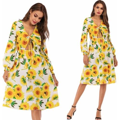 Sun flower Dress Ladies dress women color Casual fashion Dresses Lace Party V collar pringting Suspender Long sleeves Frenulum