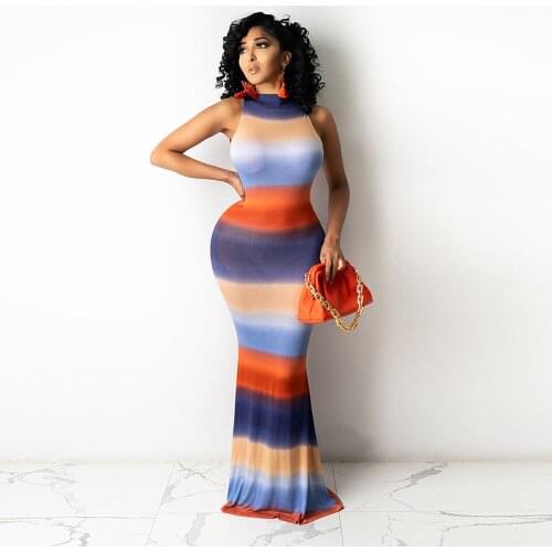 Gradient Striped Print Sexy Mermaid Dress for Women Elegant Half High Neck Sleeveless Maxi Dress Fashion Bandage Holiday Dress