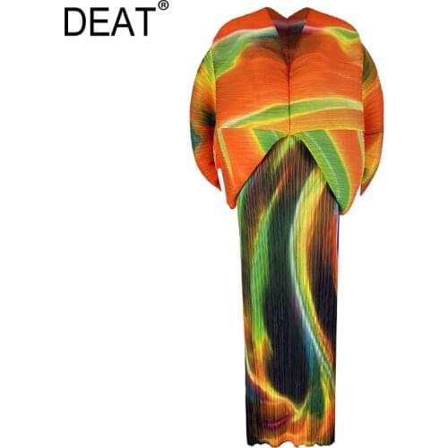 DEAT Woman Pleated Dress Multicolor Print Cloak Sleeve High Elastic Elegant Straight Wild Casual 2021 New Autumn Fashion HT910