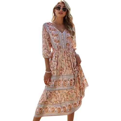 2021 High Waist Bohemian Chiffon Long A-line Dress Womens Floral Dress V-neck Lace-up Sequins Lace Patchwork Dress