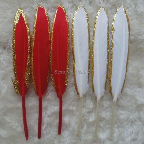100Pcs/Lot! Red/White Duck Cochettes Feathers with Gold Glitter Dipped,Decorative Goose Feathers Wedding Decor,Party Supplies