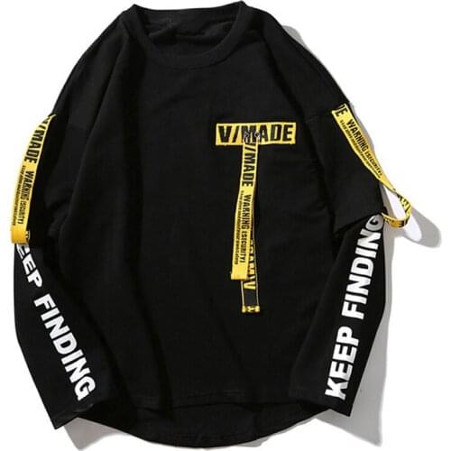 2020 Back Ribbon T-shirt Printed Long Sleeve Men Hip Hop T SHIRT Japanese Fashion Tops Harajuku T-shirts Swag Sweatshirts T017