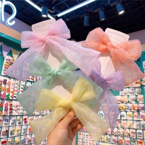 2021 New Fashion Childrens Hairpins Korean Sweet Princess Girl Simple Beautiful Dot Yarn Bow Duckbill Clip Hair Accessories