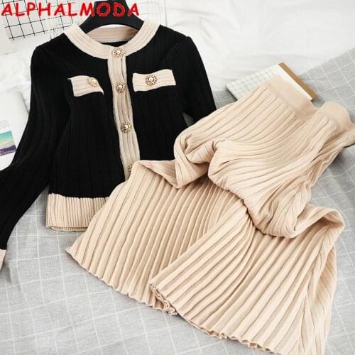 ALPHALMODA 2020 Autumn New Womens Knitting Cardigans Pleated Skirt 2pcs Elegant Suit OL Fashion 2pcs Clothes Set