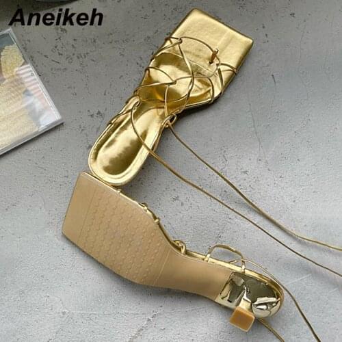 Aneikeh 2021 New PU Sandals Women Summer Low Thin Heels Square Toe Thong Shoes Fashion Cross-Tied Solid Ladies Party Shoes 35-40