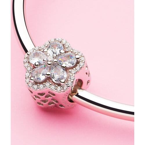 ATHENAIE 925 Sterling Silver Shine Clear Zircon Bright Cherry Blossoms Flower Charms Beads Fit Bracelet Jewerly