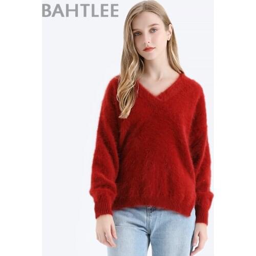 BAHTLEE Autumn Winter Women Angora V-Neck Pullovers Sweater Pure Color Wool Knitted Jumper Long Sleeves Loose Style