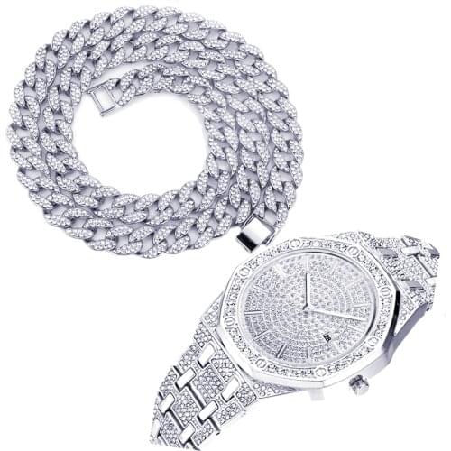 Necklace Bracelet Luxury Watch Hip Hop Miami Cuban Chain Gold Watch for Men Iced Out Watches Paved Rapper Mens Watch Bangle Gift