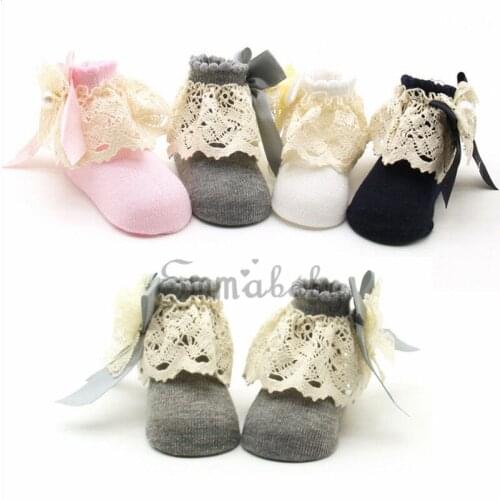 2021 Lovely Baby Socks Kids Princess Bowknot Lace Ruffle Frilly Trim Ankle Girls Feet Stocking