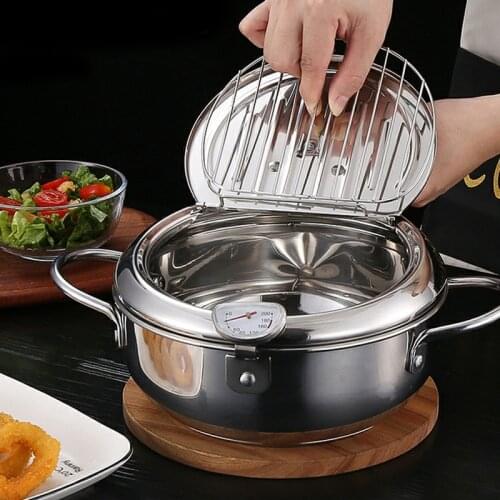 Deep Frying Pot with a Thermometer and Filter Mesh 304 Stainless Steel Fryer Pan Kitchen Supply TS2 Cookware