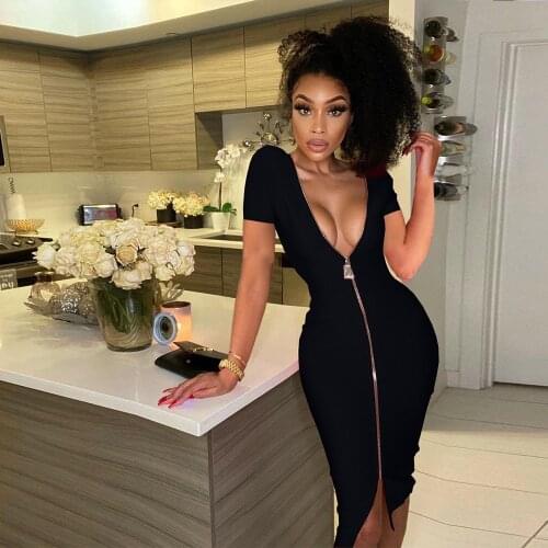 Red Black Zipper Up Short Sleeve Party Dresses for Women Deep V Neck Backless Slim Fit Dress Elegant Wear on Both Side Vestidos