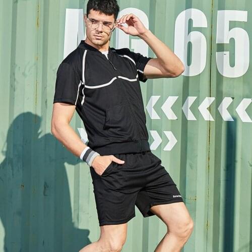 Mens Short Sleeved Suit Patchwork Cardigan Zipper T-Shirt with Short Pants for Youth Casual Simple Loose Sportswear Suit