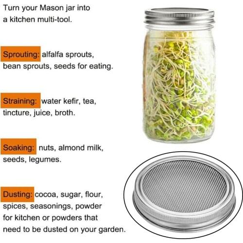 Stainless Steel Mason Jar Screen Sprouting Filter Lid Seed Set