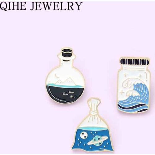 Ocean Sea Wave Brooches Drift Bottle Plastic Bag Enamel Pins for Backpacks Lapel Pin Cartoon Anime Badges Jewelry Gift 2021