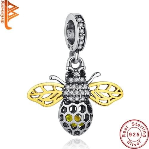 Wholesale 100% 925 Sterling Silver Gold Color Crystal Bee Charm Fit Original pandora Bracelet Pendant Jewelry Making Gift