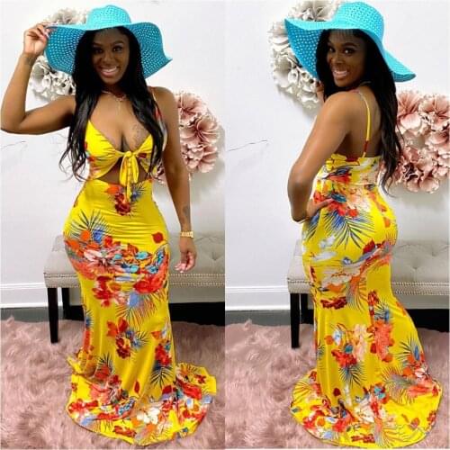 Echoine Yellow Floral Print Flower V-neck Lace Up Long Maxi Dress Summer Sleeveless Sexy Skinny Bodycon Dresses Vintage Vestidos