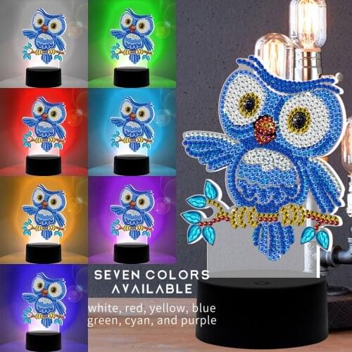 DIY 7 Color LED Light Pad Diamond Painting Acrylic Cartoon Owl Diamond Mosaic Home Decor Rhinestone Scenery Night Light Lamp