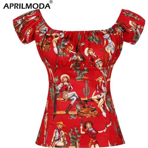 Harajuku 50s Women Blouse Western Gril Print Vintage Short Tops Puff Sleeve Retro Shirts Slim Fit Red Party Summer Clothing