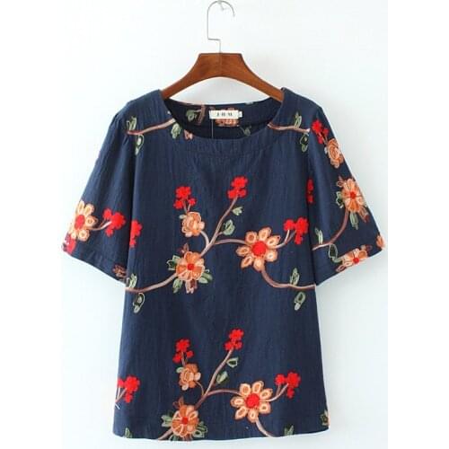 Plus size Tops Tees Summer 2019 Embroidered Cotton Linen T Shirt Female Embroidery Tshirt Top Tee Women T-shirt Female Clothes