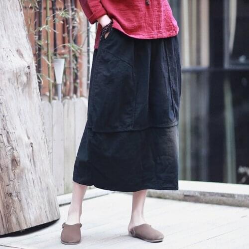 Linen skirt New Vintage and Retro Ethnic Elegant Skirts Solid Long Red Black Skirt Bud Hem Cotton Women Patchwork Saia Femme