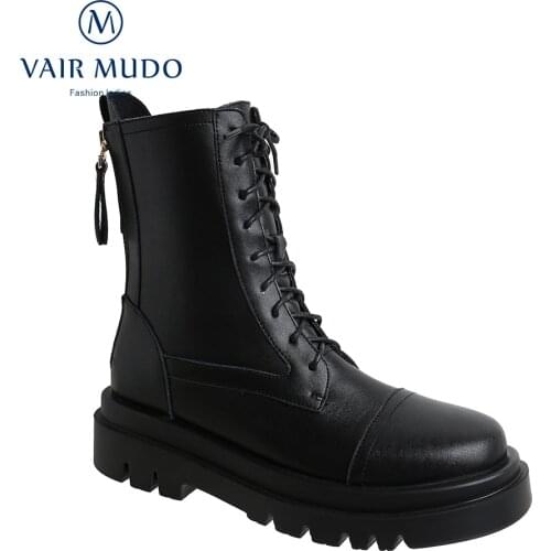 VAIR MUDO Women Spring Autumn Winter Boots Thick Heel Concise Solid Round Toe Elegant Footwear Black Women Genuine LeatherWM-X38