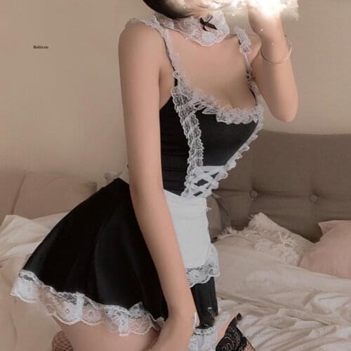 Women Sexy Lace Maid Splicing Sling Siamese Thong Underwear Maid Skirt Dress Stage Performance Story Party Waitress Clothes