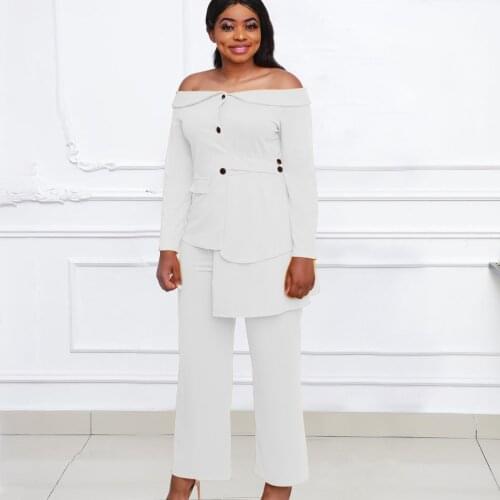 Two Piece Matching Set Long Sleeve Office Lady Sladh Neck Jacket Tops And Pants Suit 2 Piece Outfit For Woman Business Party