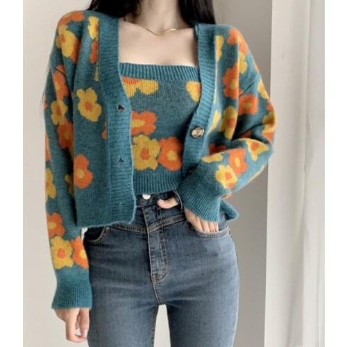 Flower Print Cropped Cardigan Women Korean Fashion Casual Blue Sweater Single-Breasted Long Sleeven Tops + Knit Vest 2 Pcs Set