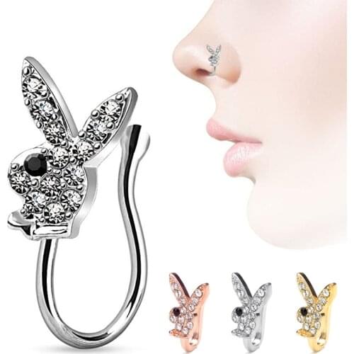 1Pcs Inlaid Rhinestone Rabbit Fake Piercing Nose Ring Clip Nose Ring Non Piercing Nose Clip Ear clip cuff Body Jewelry