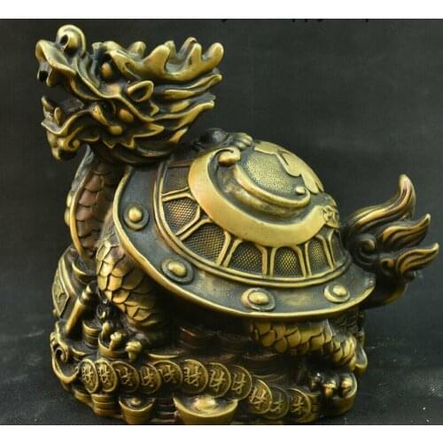 10" China Fengshui Bronze wealth Lucky coin money Dragon Turtle tortoise statue