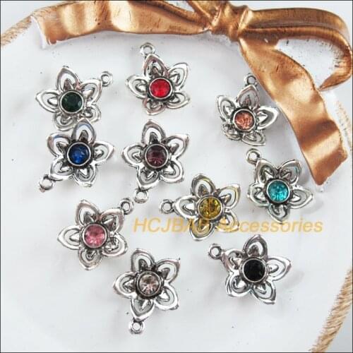 10 New Flower Charms Tibetan Silver Tone Retro Mixed Crystal Pendants 14x17mm