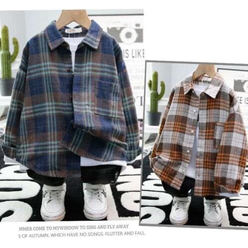 100% cotton boys long-sleeved shirt 3-13 years old new spring and autumn Korean childrens plaid brushed shirt shirt for boys