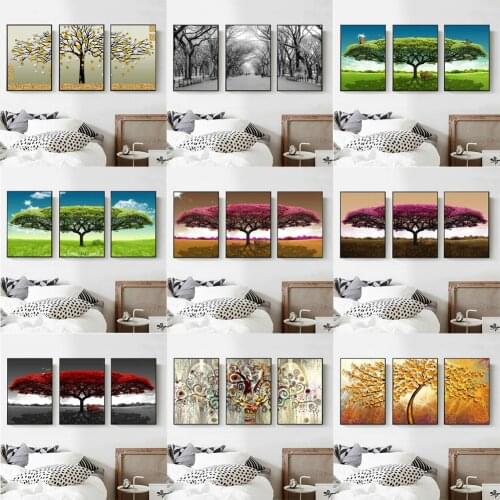 3 Panels Abstract Red Tree Flowers Oil Paintings Print On Canvas Posters And Prints Landscape Wall Art Pictures Home Decor