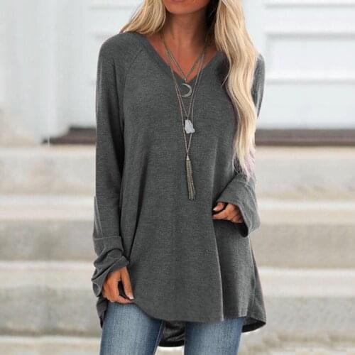 40# Plus size loose Blouse Women All-match Oversize Sexy V Neck Long Sleeved Long Length Blouse Soild Color Tops Рубашка Женская