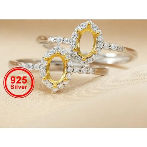 4x6MM Solid 925 Sterling Silver Oval Gold Plated Prong Bezel DIY Adjustable Ring Settings for Gemstone Moissanite 1222023