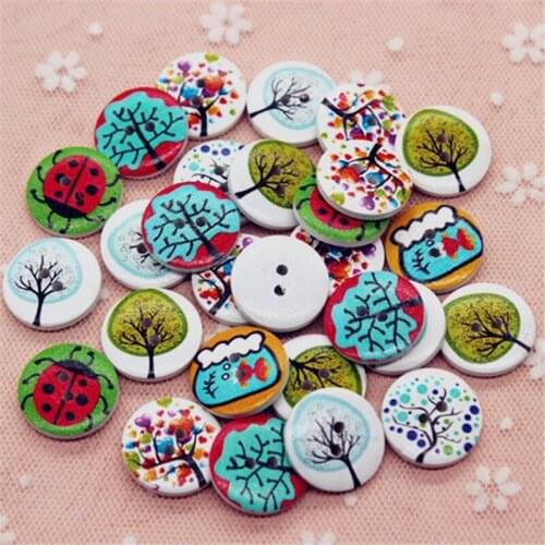50pcs Fashion Fancy Trees Printed Wooden Button Sewing Accessories Decorative Buttons Scrapbooking Craft DIY,20mm