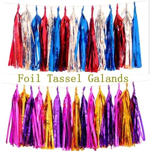 Free DHL 700pcs 14"(35cm) Metallic Foil Tassel Garlands-Gold Silver Blue Red Purple Pink Green Tissue Tassels-Wedding Party Bulk