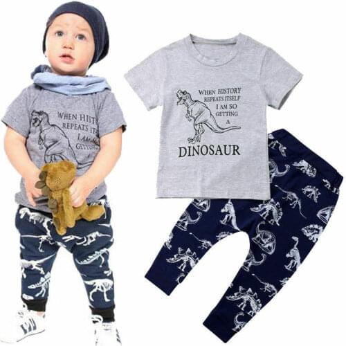 Dinosaur Kids Baby Boys Short Sleeve Cotton T-shirt Tops Long Pant Trouser 2PCS Outfits Casual Summer Clothes Set