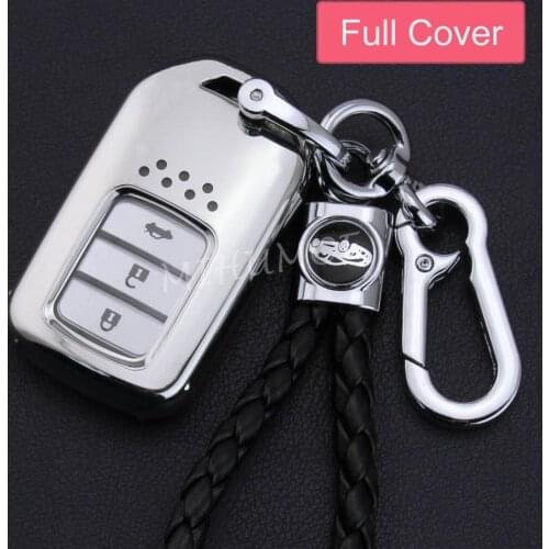 For Honda Accord Civic CR-V Clarity Fit HR-V Odyssey Pilot Insight Smart Car Key Full Cover Fob Case Holder Chain Ring Silver