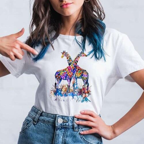 Peacock T Shirts Women Soft O-Neck Kawaii Short Sleeve Trendy Two Colorful Giraffes Spain Style Printed New Arrivals Clothes
